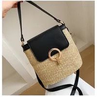 Straw Weave Round Lock Clasp Black and Tan Women’s Bag