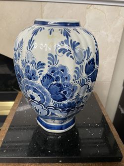 Vintage Delft Vase in Blue and White Floral- Design 10”