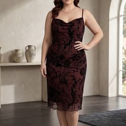 Size L Burgundy Lace Slip Dress with Black Velvet Burnout