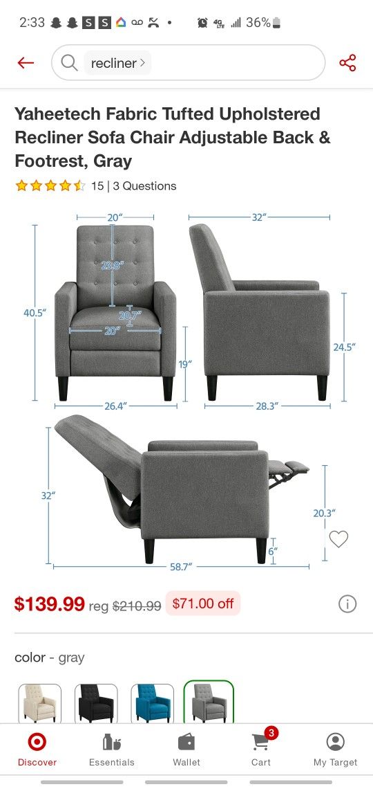 Fabric Recliner Chair Mid-Century Modern Recliner Adjustable Single Recliner Sofa 614651