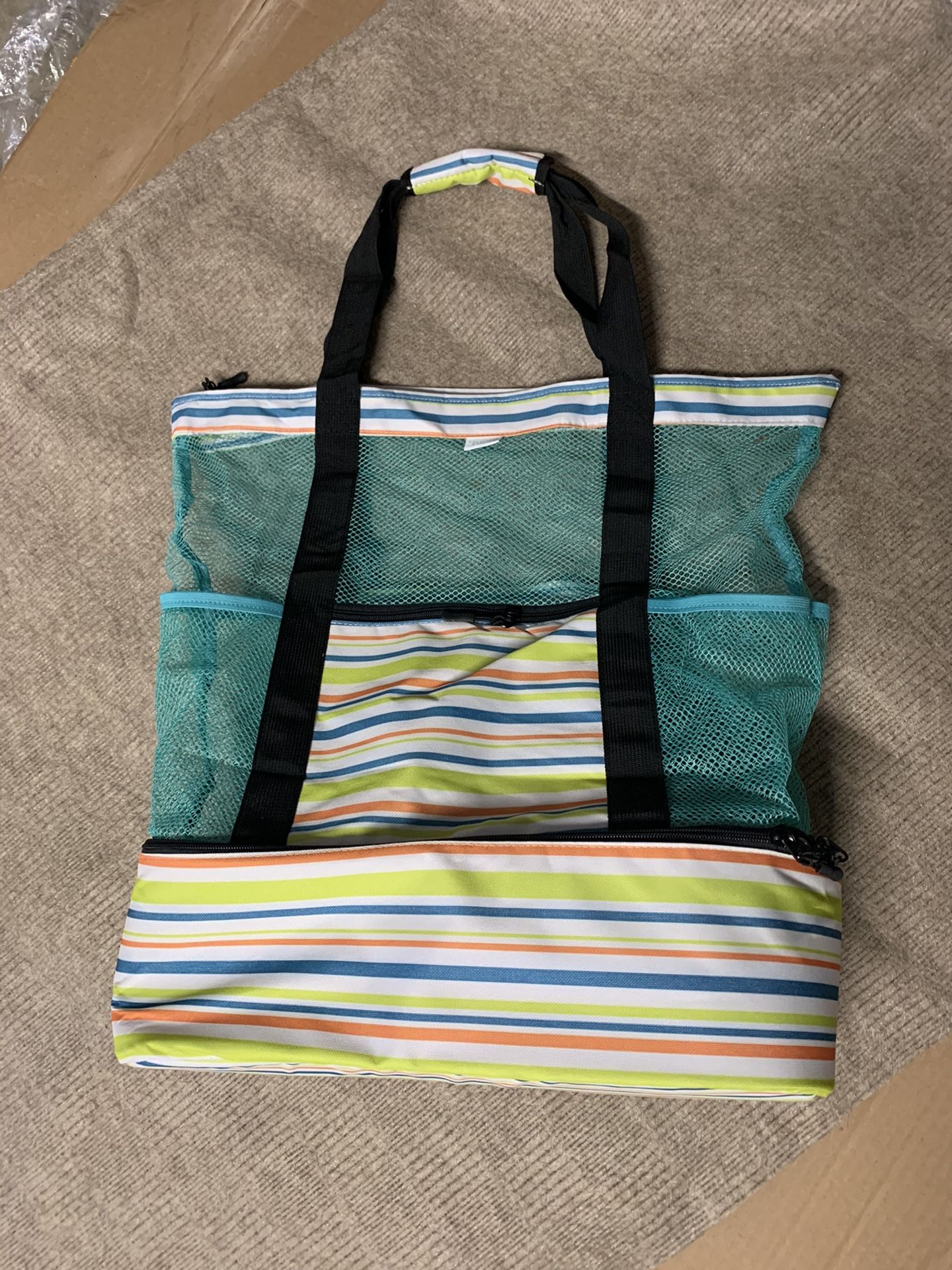 Mesh Beach Tote bag with Zipper Top and Insulated cooler for picnic, beach, outdoor