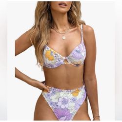 CUPSHE Women Swimsuit Bikini Set High Waisted Push Up Cheeky Drawstring Two Piece Bathing Suit