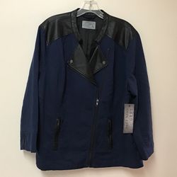 Women’s RUFF HEWN GRAY Blue light weight linen jacket w/ black Faux Leather Trim.size-XL