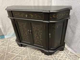 Black 4 Door Breakfront Console Table with Painted Filigree Motif