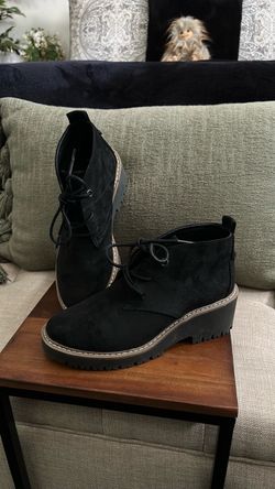 Black suede chunky lace up ankle boots.