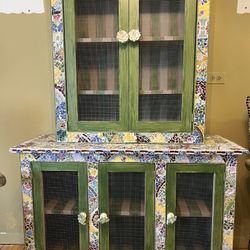 Vintage Mosaic Chair And Two Piece Hutch