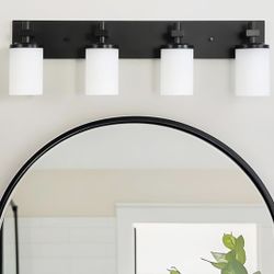 LOUSACE Modern 4-Light Vanity Lights with Opal White Glass Shade, Over Mirror, Black, Suitable for Bathroom, Bedroom, Hallway