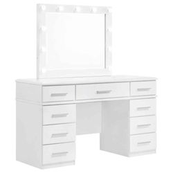  9-Drawers Vanity Table Lighted Mirror Glossy White...