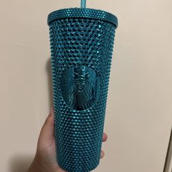 Starbucks Metallic Chrome Teal Blue Studded Cold Cup Tumbler