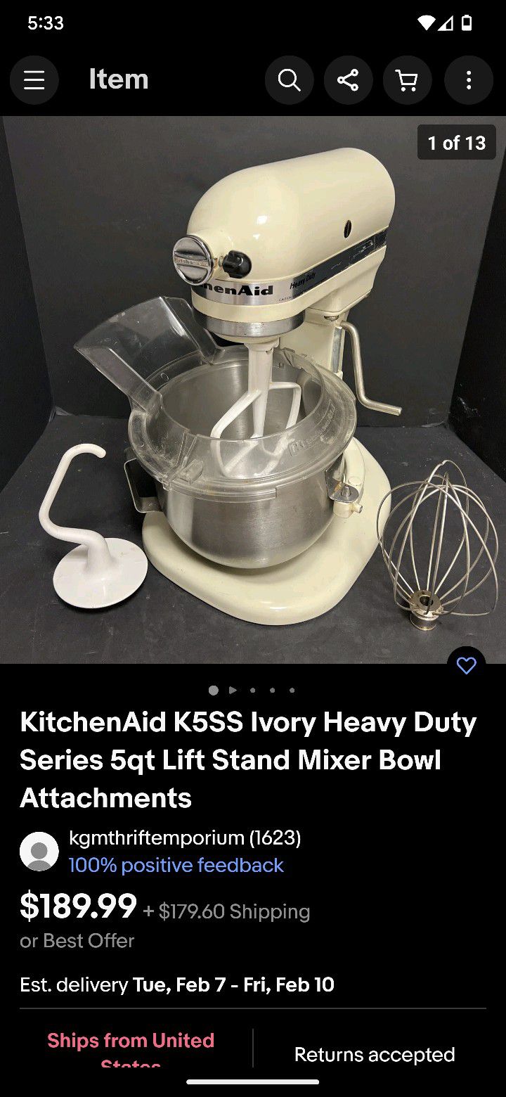 KitchenAid K5SS Ivory Heavy Duty Series 5qt Lift Stand Mixer Bowl Attachments