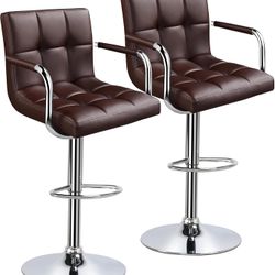 Bar Stools Set of 2, PU Leather Adjustable Swivel Barstools with Armrest and Back, Hydraulic Kitchen Counter Height Bar Chairs for Bar, Kitchen, 