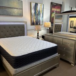 Queen Bedroom Set LED Headboard Champagne Finish – $1199