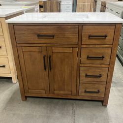 37"Solid Wood Bathroom Vanity Cabinet with Stone Countertop (Top Damaged)