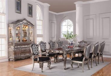 Antique Platinum Finish Extendable Formal 7 piece Dining Table Set + Leaf