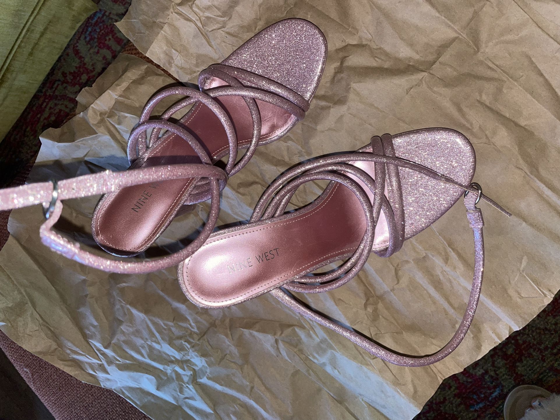 Ninewest- Lexy Ankle Strap Heeled Sandals (PINK GLITTER) 9.5