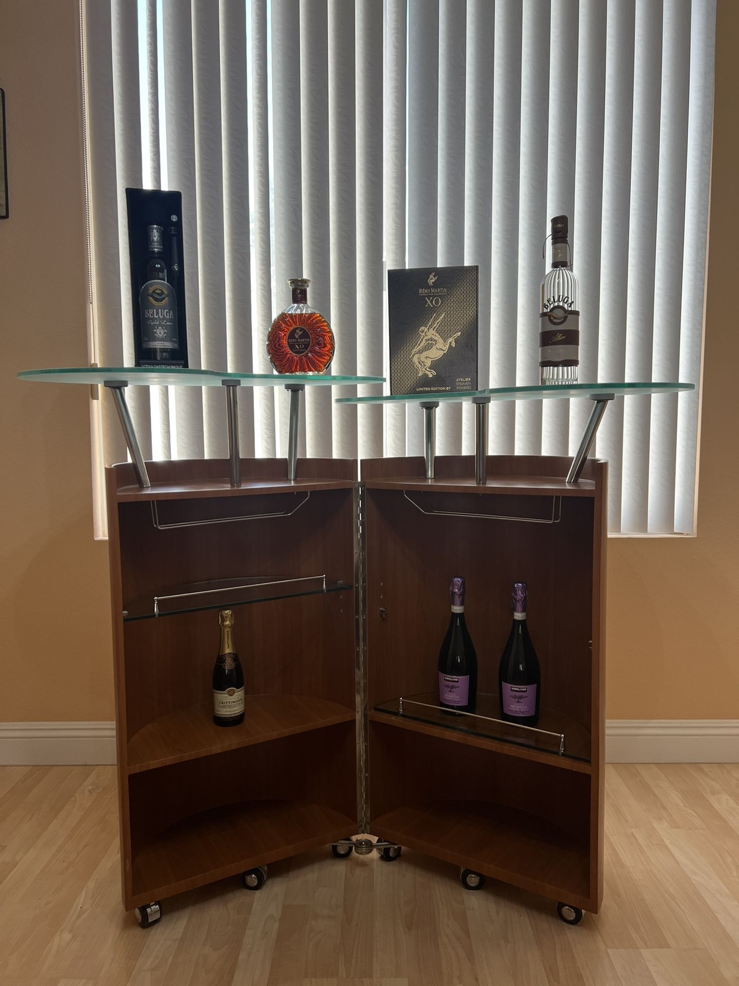 home bar and 2 bar stools