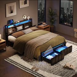 0954 Bestier king Bed Frame with Hidden Storage Headboard, Black PU Leather Platform Bed with 2 Dustproof Drawers, 2 Tier Shelves with Charging Statio