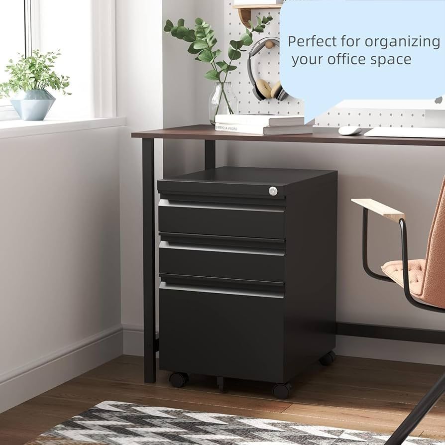 Filing Cabinets for Home Office, Mobile File Cabinet with Lock, 3 Drawer Filing Cabinet for A4/Letter/Legal Size Folder, Fully Assembled Except Caster