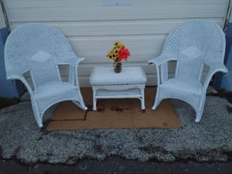 2- Nice Large White Rocking Wicker Chairs Plus Table Super Clean Like New.