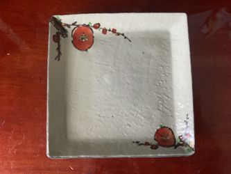 Small Square Japanese Ceramic Plate / Sushi Plate - Persimmon / Plum Blossom Design - 5 Inch