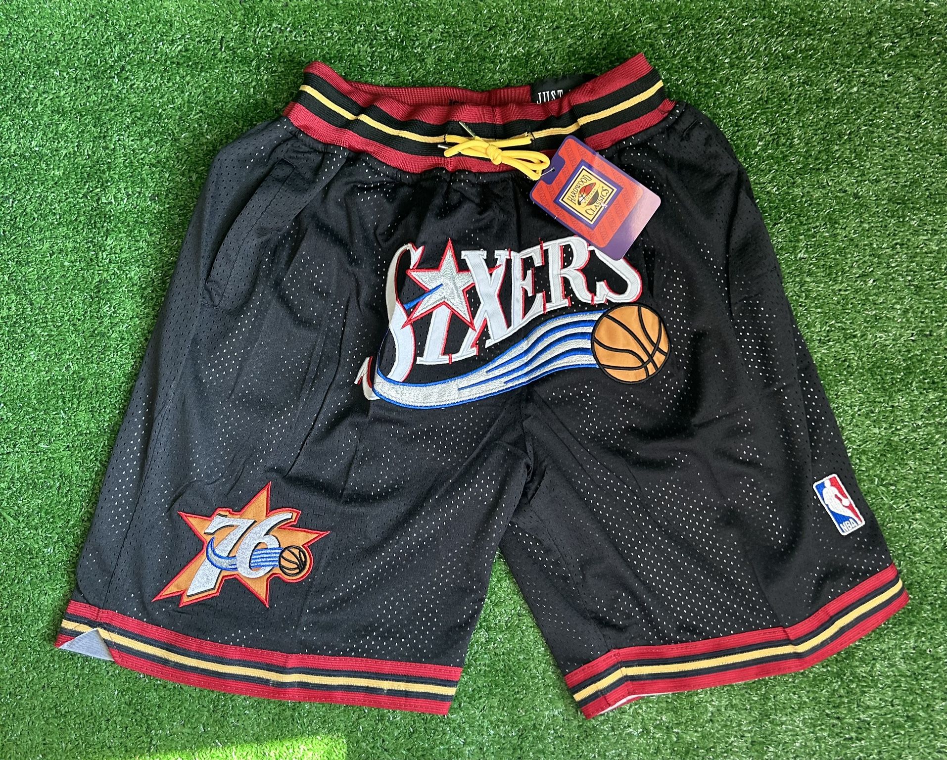 PHILADELPHIA 76ERS JUST DON BASKETBALL SHORTS BRAND NEW WITH TAGS SIZES MEDIUM AND LARGE