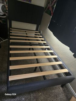 Dark Gray Upholstered Bed Frame with Slats