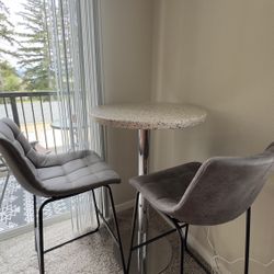 Modern Bar Table + 2 Gray Upholstered Bar Stools – Set – $170