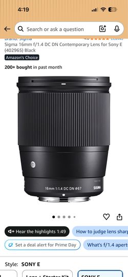 Sigma 16mm F1.4 Lens Sony E Mount