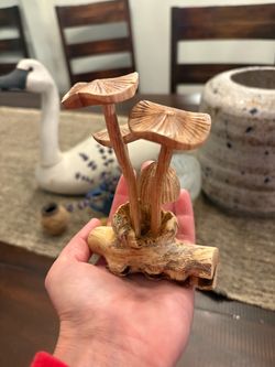 Hand carved wood mushrooms