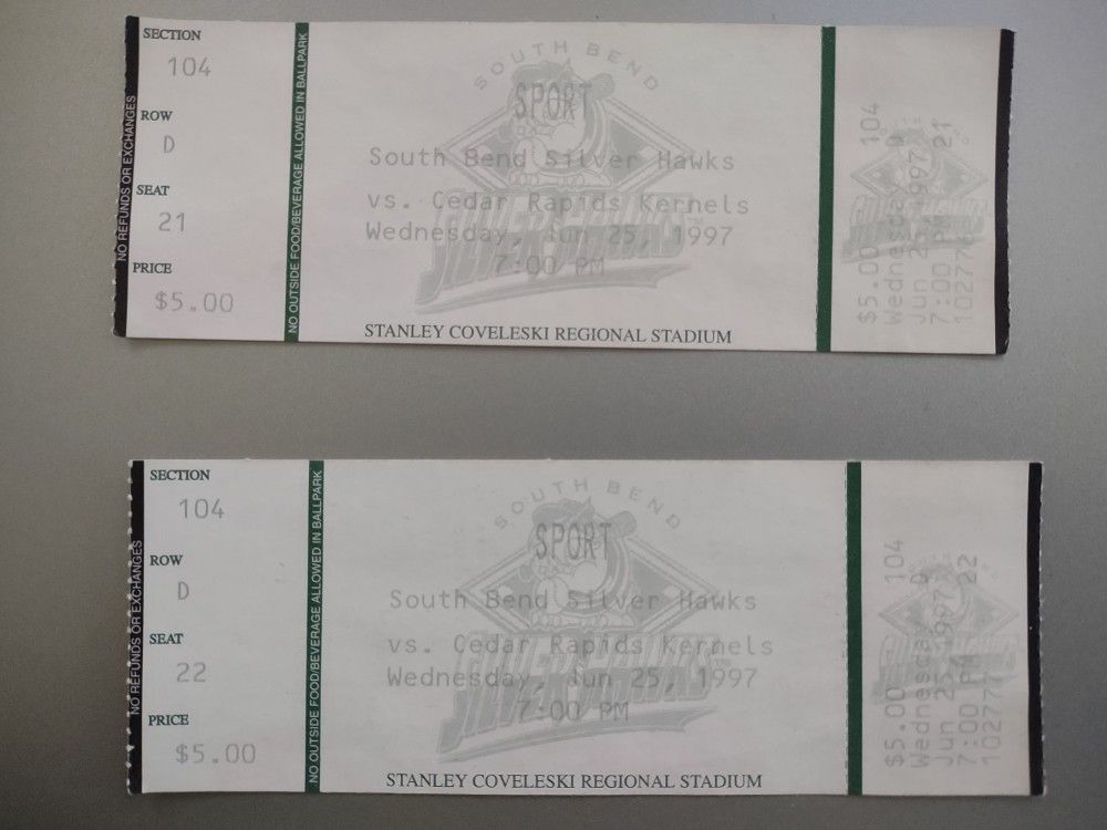 1997 South Bend Silver Hawks Baseball Vintage Tickets