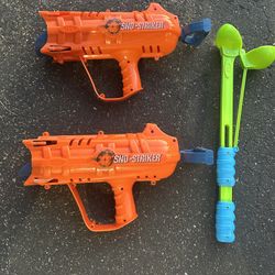 3 snowball toys: 2 snowball strikers / throwers and a snowball maker. Pull back on the handle and launch the snowball.   From a pet and smoke free hom
