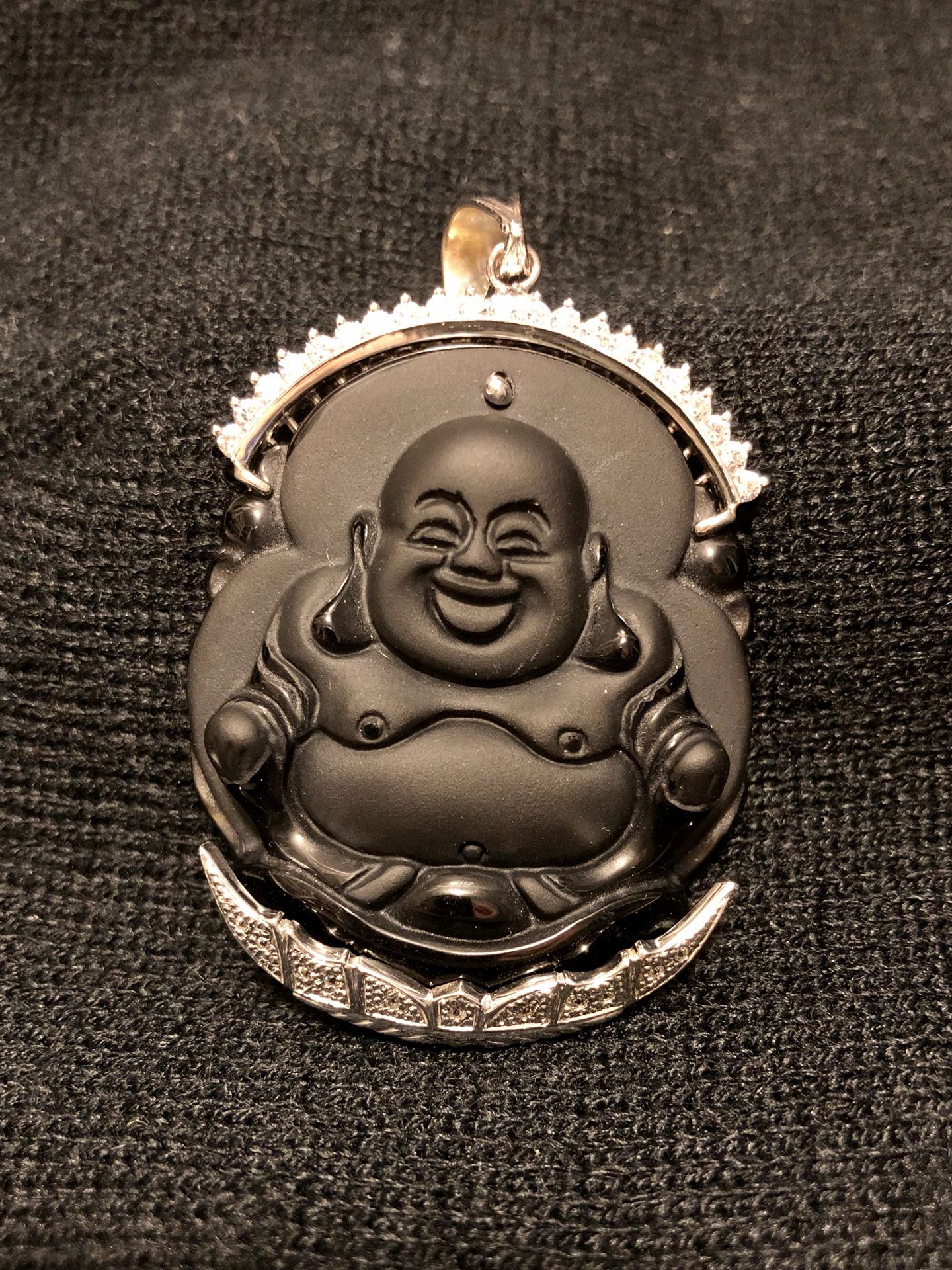 Black Onyx Buddha pendant, 18K white gold and simulated diamonds