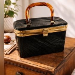 Vintage Lucite Box Purse The Reef Palm Beach Black Marble Tortoise Handle 50s 60