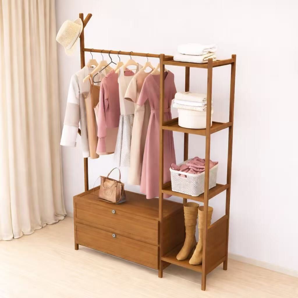 New In Box 41x12x63 Inch Tall Garment Storage Bamboo Material Shelf Coat Hanger Rack