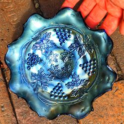 Genuine antique cobalt blue iridescent carnival glass bowl with grape pattern