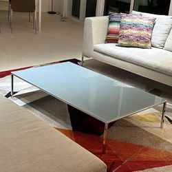Heavyweight stainless steel framed coffee table with frosted glass top 