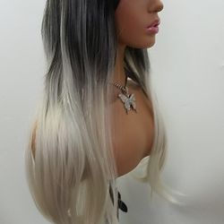 Long Black with Blonde Straight Wig