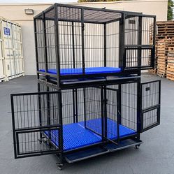 $370 (New in box) Set of 2 stackable dog cage 41x31x65” heavy duty kennel w/ plastic tray