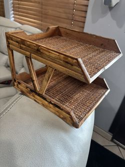 Vintage bamboo 2-tier rattan desk organizer