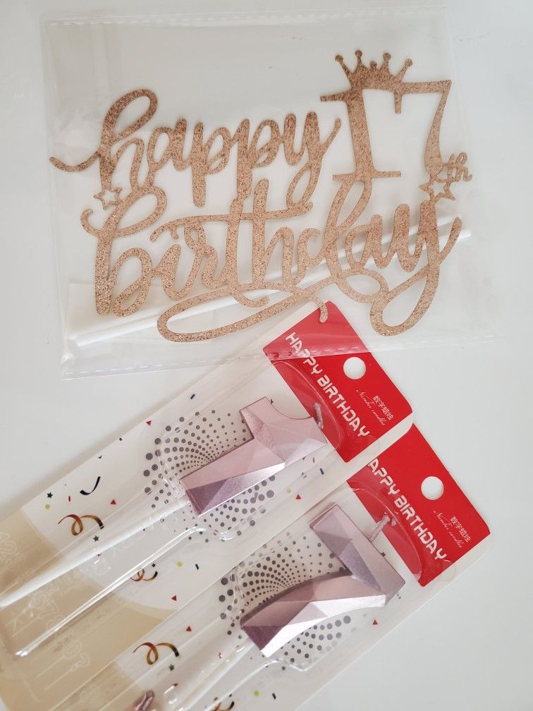 NEW Rose Gold "Happy 17th Birthday" Cake Topper & Candles