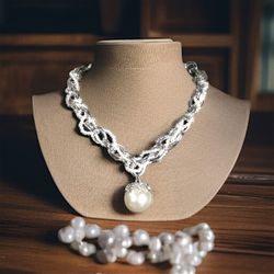 Silver And Beige Chain Necklace With Large Faux Pearl