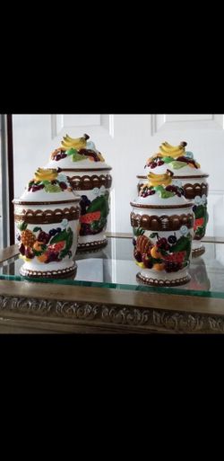 Set of 4 Vintage Ceramic Kitchen Canisters Containers Fruit Design