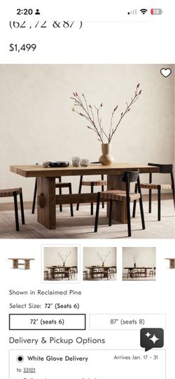 Solid Reclaimed Wood Rectangle Dining Table (62"x39") seats 6 	•It comes with a wooden bench .