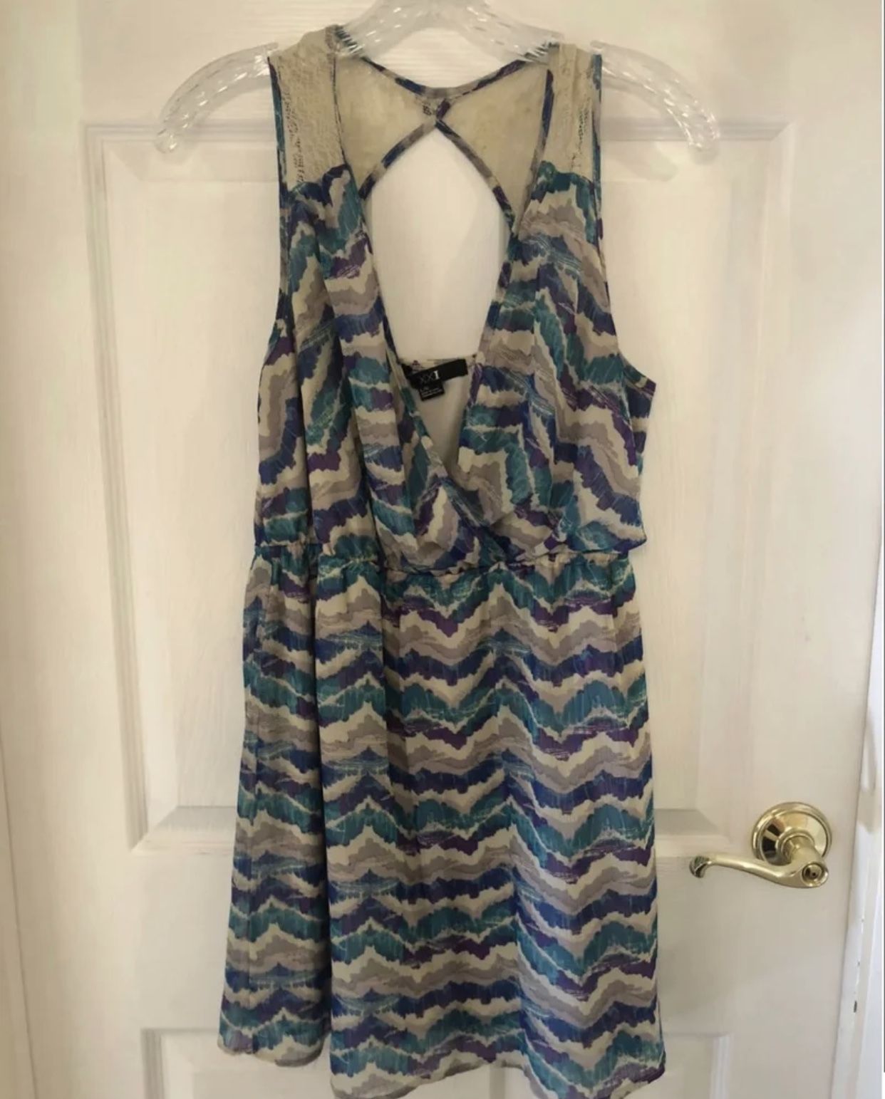 Size L chevron blue and purple dress from Forever 21  With lace back and v neck