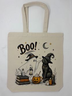 Halloween Canvas Tote Bag Ghost Cat