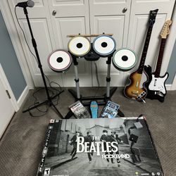 Beatles Rock Band PS3 Bundle w/Drums, Two Guitars, Dongles, Microphone & 4 Games