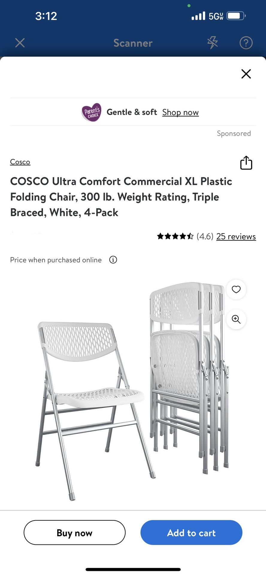 COSCO Ultra Comfort Commercial XL Plastic Folding Chair, 300 lb. Weight Rating, Triple Braced, White, 4-Pack Pm if interested