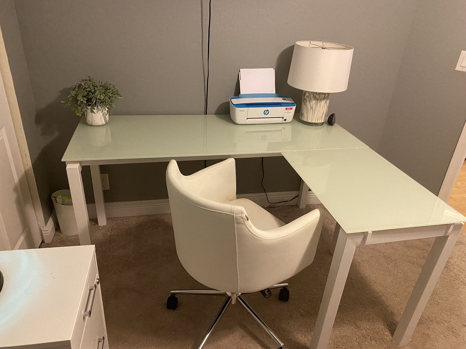 L-shaped Glass Desk and Swivel Chair 