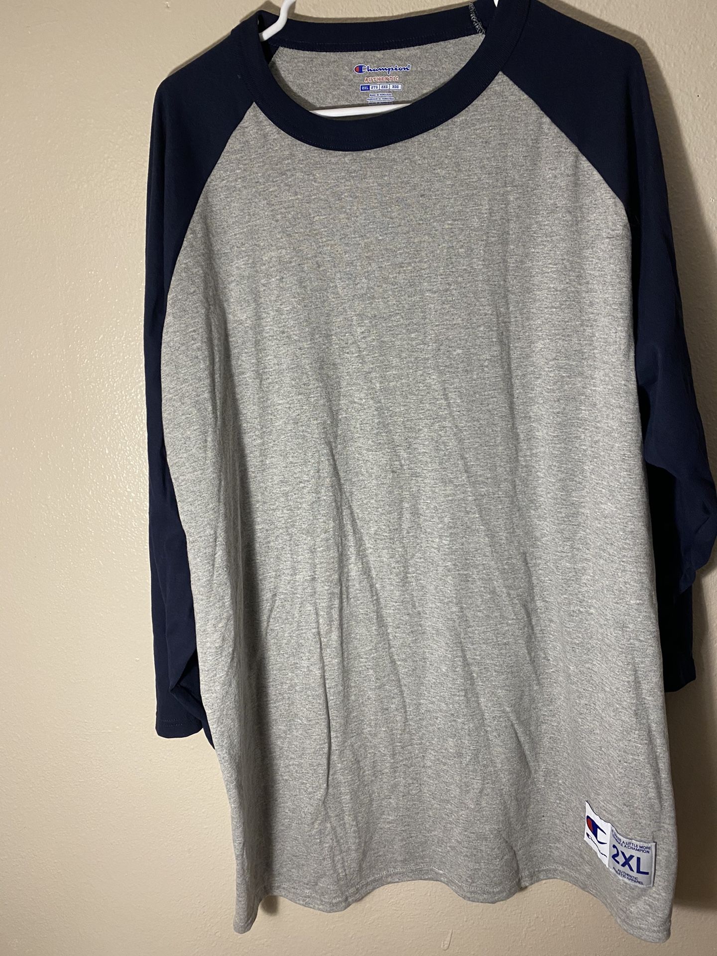 Champion T-Shirt Tee Baseball Raglan Long Sleeve Tag Free Ribbed 100% Cotton Men 2XL