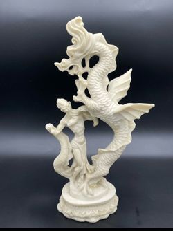 Vintage Asian Man With Sword Fighting Dragon Slayer Statue 15" x 7.5" x 3.5"